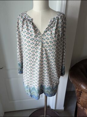 Artisan Ny Cream Floral Peasant Blouse with Blue & Green Border